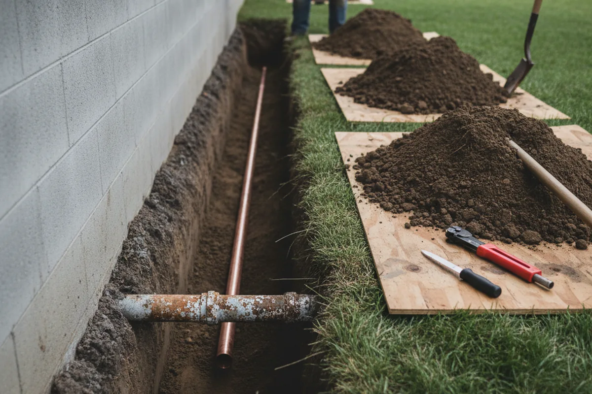 Excavated water line trench during Sewer Line Repair in Thrall
